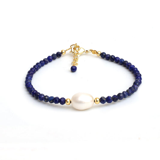 Gempires Blue Lapis Lazuli Beaded Bracelet with Freshwater Pearl Handmade Jewelry September Birthstone Gifts Hypoallergenic 7.5 Inch Gold Plated Everyday Wear Gemstone Bracelets