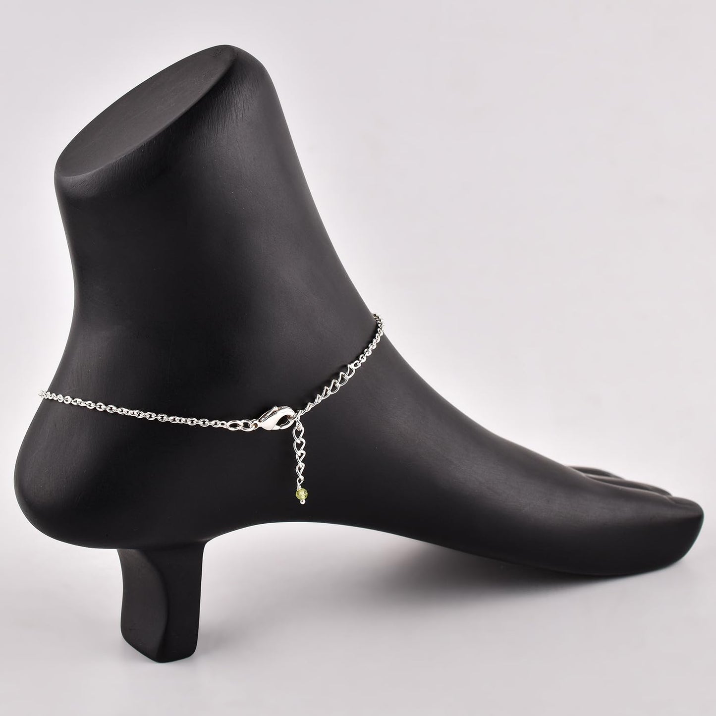 YANARA Peridot Ankle Bracelets for Women, August Birthstone, Green Gemstone Beads, Handmade Dainty Waterproof Anklets 9"+1.25" inch, Chakra Healing Crystals, Silver Plated Chain, Minimalist Jewelry For Her