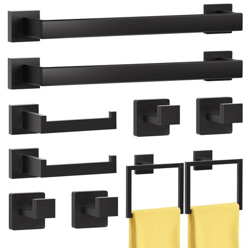 10 Pieces Bathroom Hardware Accessories Set Matte Black, 16Inch Bathroom Towel Rack Set SUS304 Stainless Steel, Square Bath Towel bar Set Heavy Duty, Wall Mounted