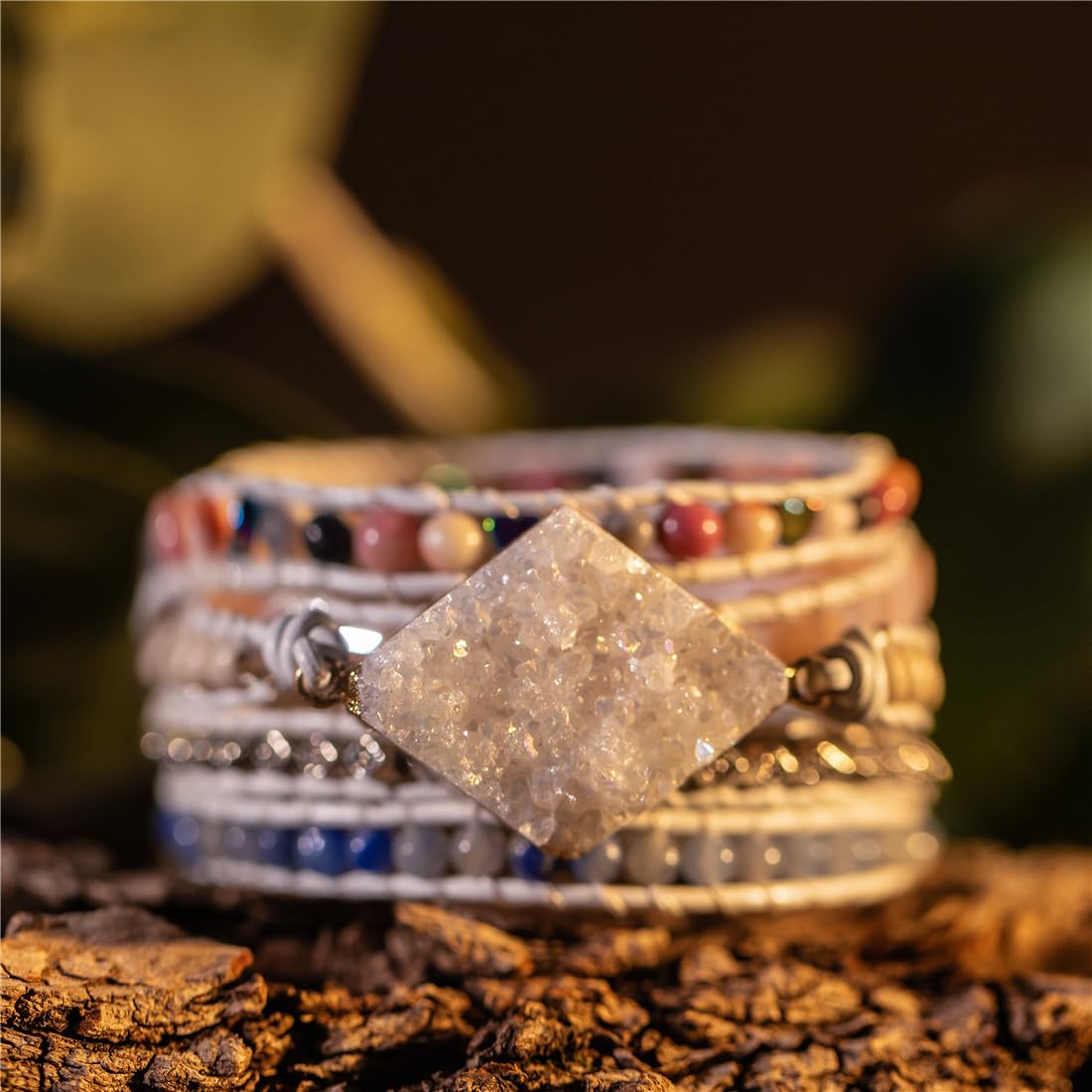 YGLINE Boho Handmade Wrap Leather Tube Crystal Stone Bracelet for Women (Druzy Stone)