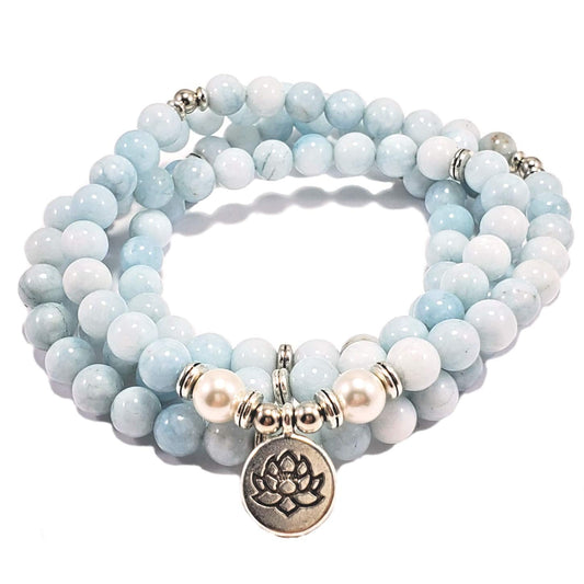 108 Bead Aquamarine Japa Mala Necklace – Handmade Yoga Jewelry with Lotus Charm – 8mm Natural Gemstones for Meditation, Chakra Bracelet, Reiki & Spiritual Balance – Stretchy Unisex Design