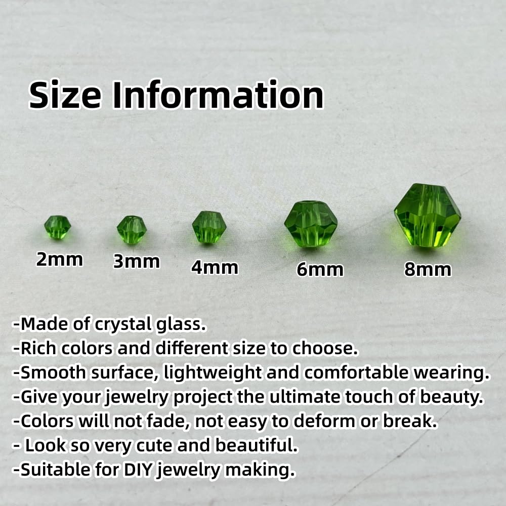 Pinhoollgo 1310pcs Bicone Crystal Glass Beads 2mm 3mm 4mm 6mm 8mm Faceted Crystal Spacer Beads for Bracelets Necklace Pendants Earrings DIY Jewelry Craft Making(Grass Green)