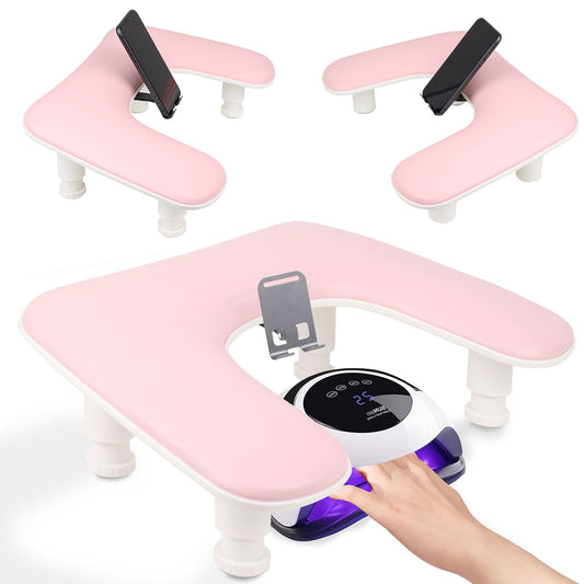 Arm Rest for Nails Tech with a Build-in Phone Holder,U shaped Adjustable Base Manicure Nail Hand Rest Stand Pillow Cushion (Pink)