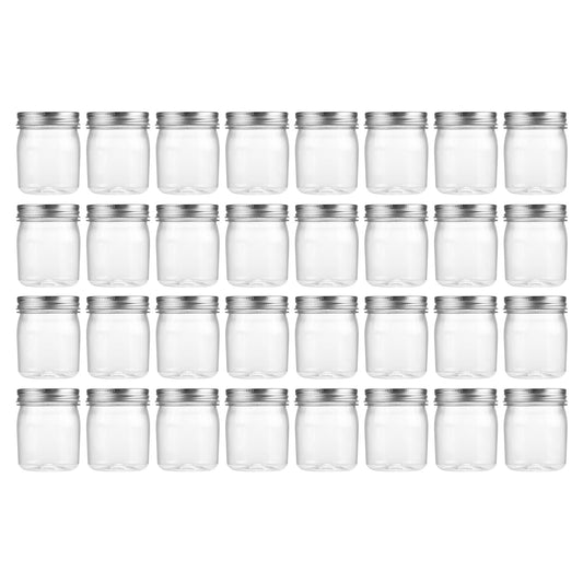 novelinks 8 oz Clear Plastic Jars with Airtight Lids, 32 Pack Plastic Mason Jars with Lids 8oz, Refillable Storage Slime Containers & Small Spice Jar for Kitchen Organization (32 Pack,Silver)