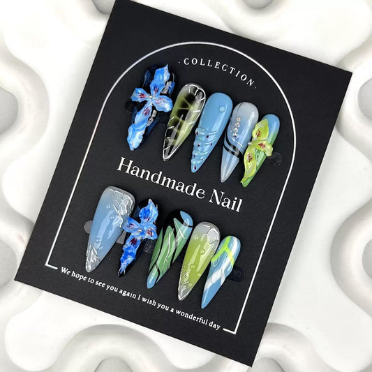 100% 5D Handmade Press on Nails Ombre Blue Long Stiletto Nails Press ons- Water Ripple False Nails Gradient Green Press on Nails Summer Fake Nails for Women Girls Daily Wear DIY Manicure Size L