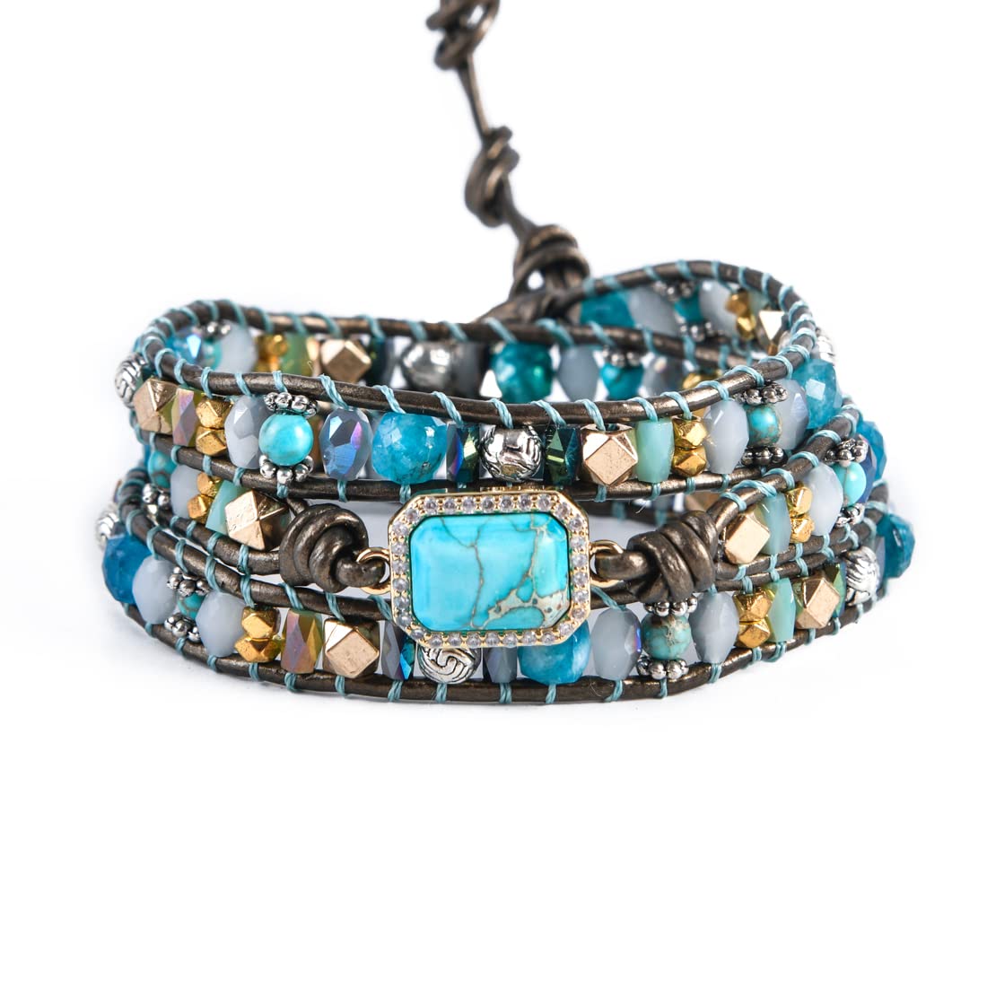 YGLINE Boho Handmade Wrap Leather Tube Crystal Stone Bracelet for Women (3 wrap-blue)