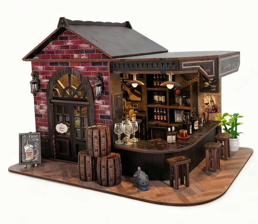 Book Nook Kit, 3D Wooden Miniature Tavern & Pub Dollhouse with LED Lights - DIY Mini House Craft Model for Adults, Birthday Valentine's Day Gift for Women Men