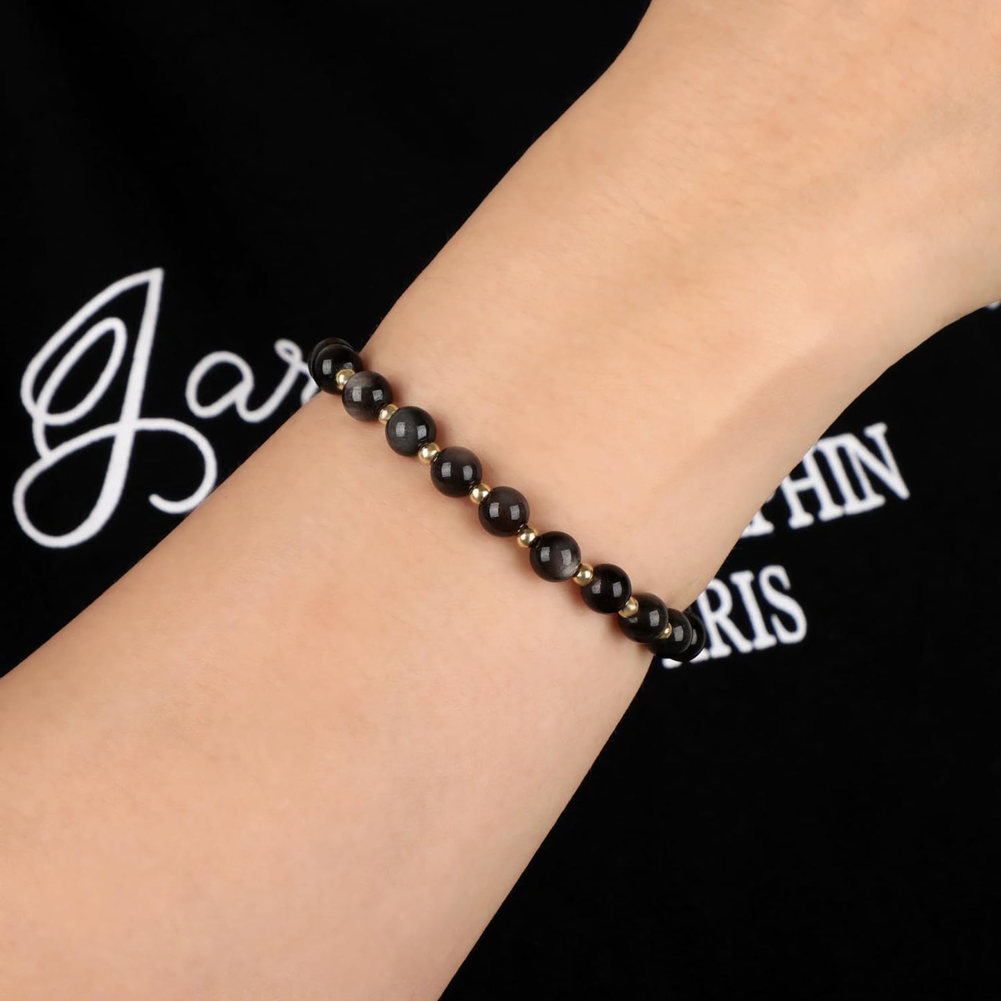 QOGIR Silver Obsidian - Fortune and Strength - 14K Gold Plated Beads Natural Gemstone Stretch Elastic Dainty Healing Beaded Bracelets Gifts 6mm