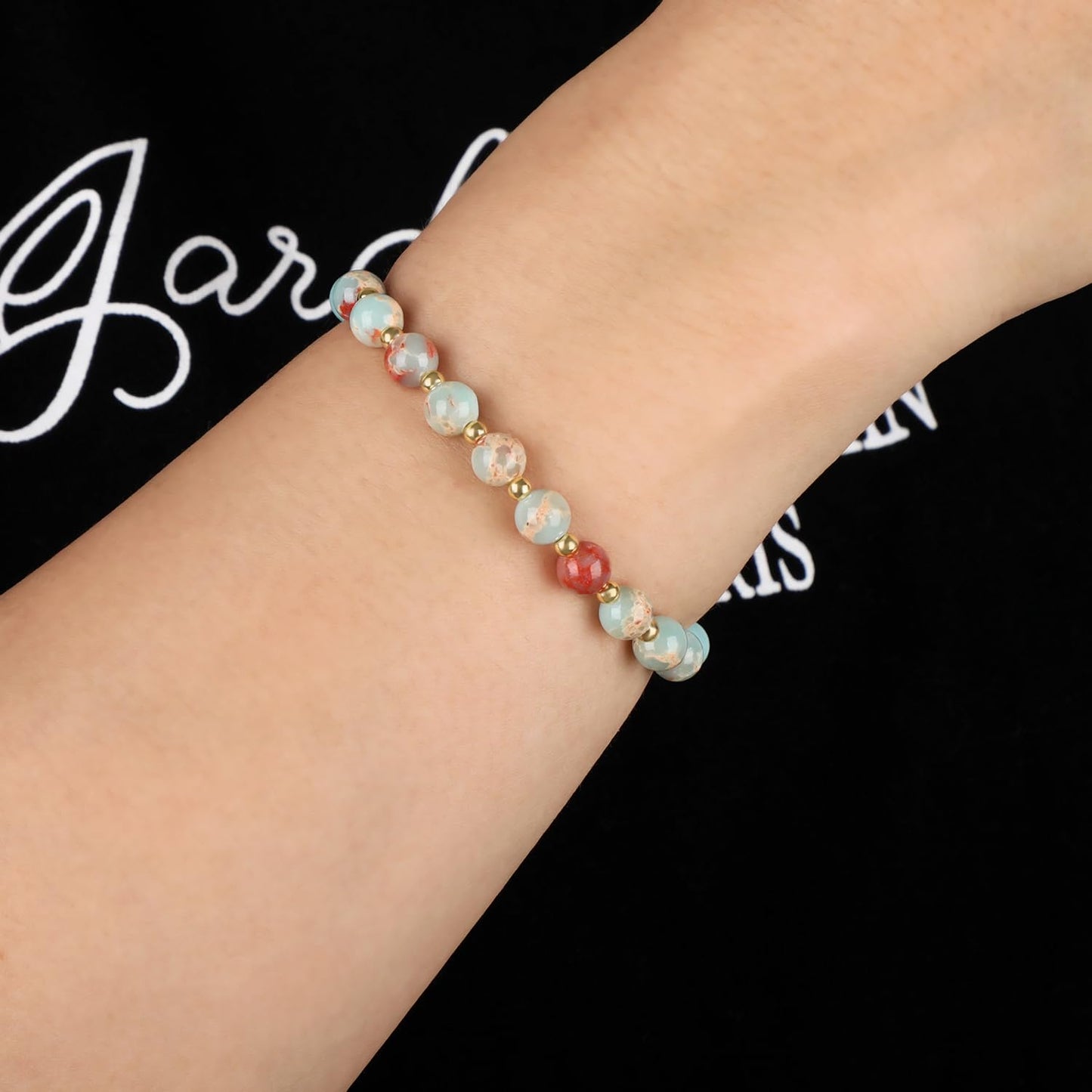 QOGIR Imperial Jasper - Stone of Success - Stainless Silver Beads Natural Gemstone Stretch Elastic Dainty Healing Beaded Bracelets Gifts 6mm