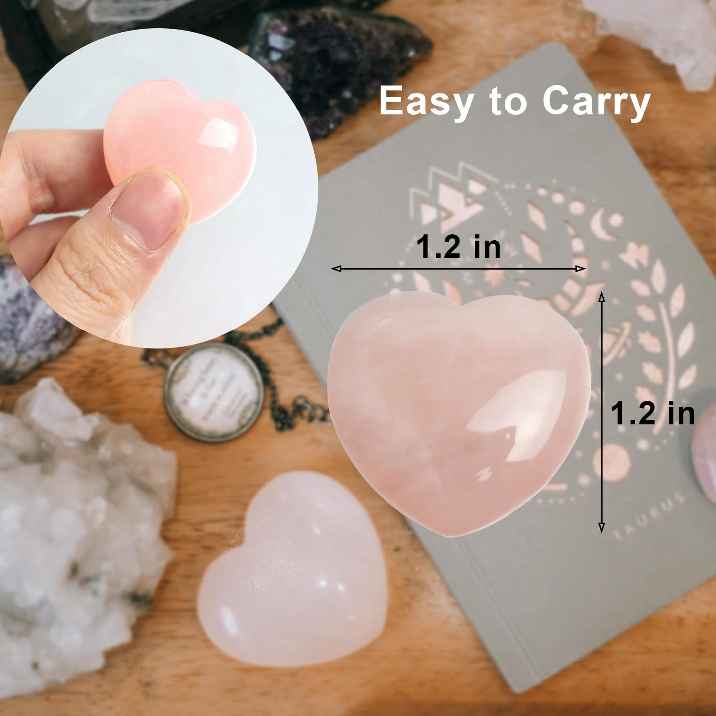 4 Pcs Heart Crystals and Healing Stones, 1.2" Rose Quartz Polished Love Carved Palm Worry Stone, Reiki Anxiety Stone Gift for Stress Meditation (Rose Quartz)