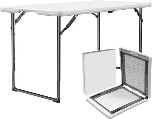 Folding Table | 4ft Heavy-Duty Fold-in-Half Plastic Table with Adjustable Height - Portable for Indoor & Outdoor Use (White)