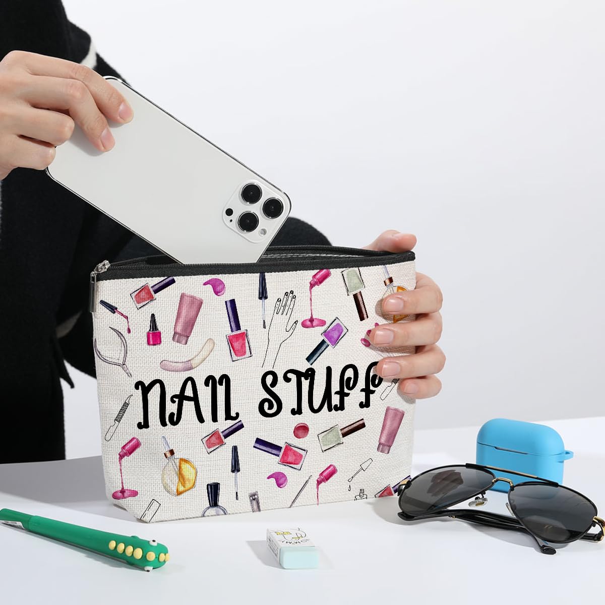 2 Pcs Nail Stuff Makeup Bag, Portable Pouch Purse Travel Essentials Organizer Cosmetic Bags for Women, Roomy Travel Makeup Toiletries Accessories, Christmas Birthday Gifts for Women