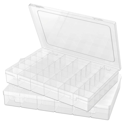2 Pack Plastic Organizer Container Box, 36 Grids Clear Plastic Parts Organizer Box, for Beads, Art DIY, Crafts, Jewelry, Fishing Tackle with Label Stickers