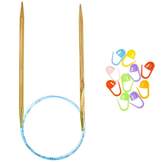 addi Olive Wood 24 inch (60cm) US 08 (5.0mm) Circular Knitting Needle, Lightweight, Warm Touch, Standard Tips, Smooth Joins, Blue Pliable Cord Markers with 10 Colorful Stitch Markers