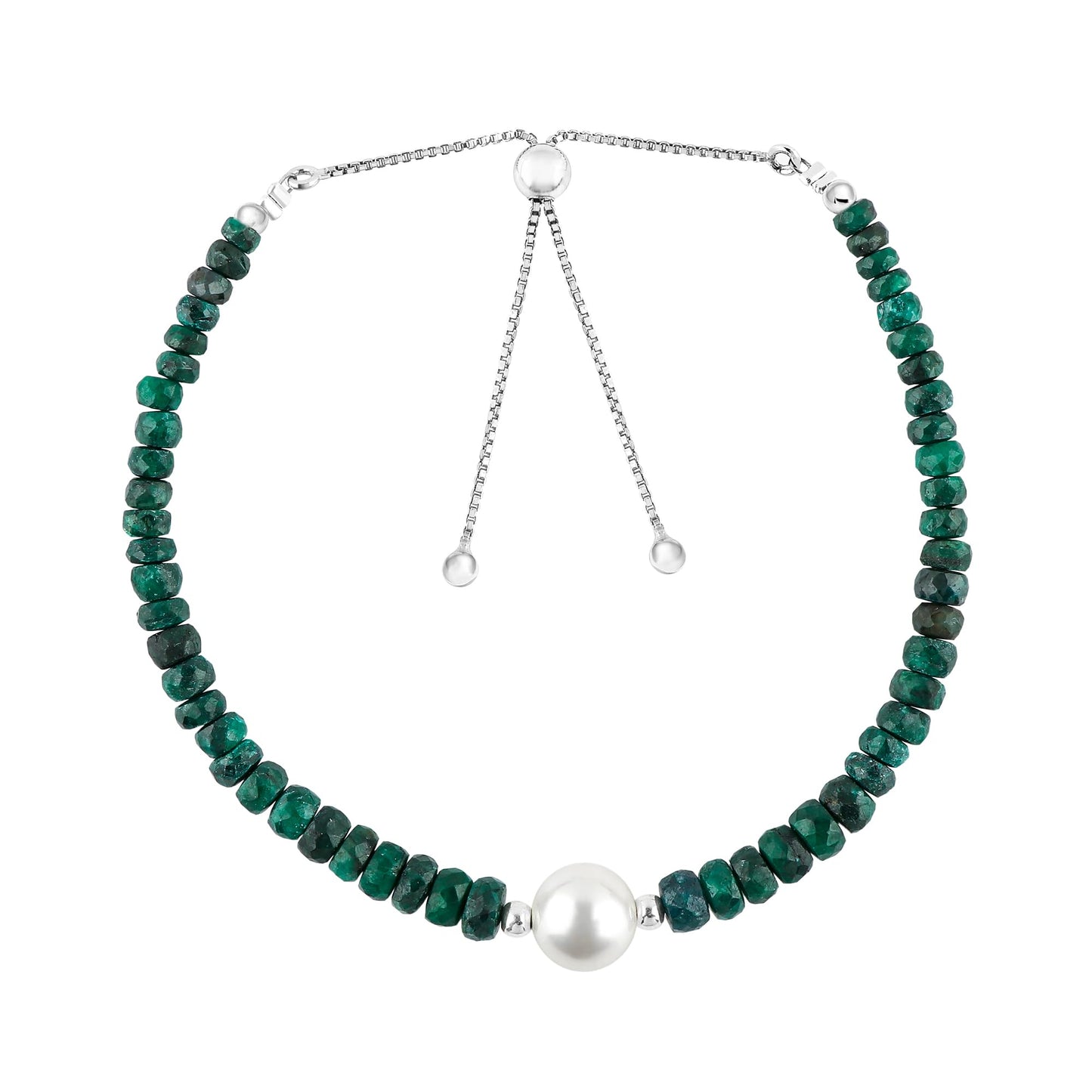 CRYSTALINES Genuine Emerald Color Corundum Gemstone Bolo Bracelet with Pearl Beads, Handmade Hypoallergenic Jewelry, May Birthstone, Healing Crystals, Silver Chain 6+4inch, Trendy Gift