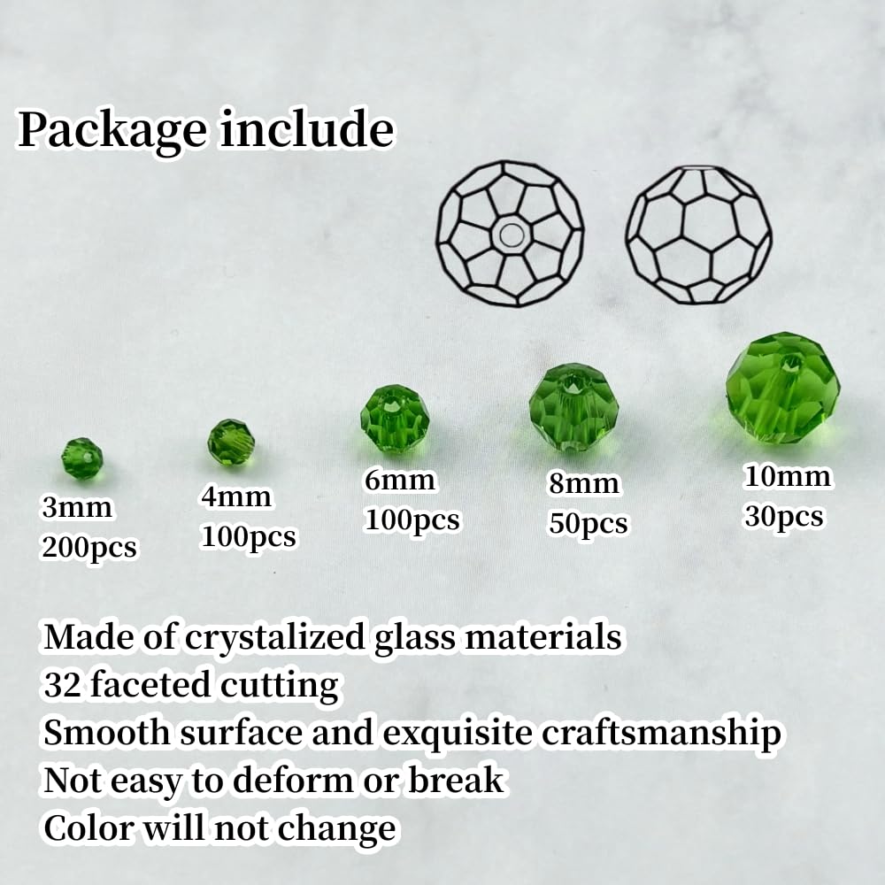Honkoolly 480pcs Crystal Glass Beads 3mm 4mm 6mm 8mm 10mm Round Faceted Glass Spacer Beads for Bracelets Necklace Earring DIY Jewelry Making Craft(Grass Green)