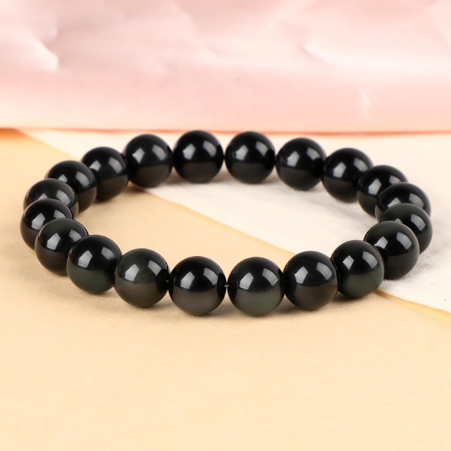 LPBeads Handmade Natural Gemstone Stretch Elastic 10mm Black Obsidian Bracelet Healing Crystal Round Stone Beads Jewelry Gifts for Women Men