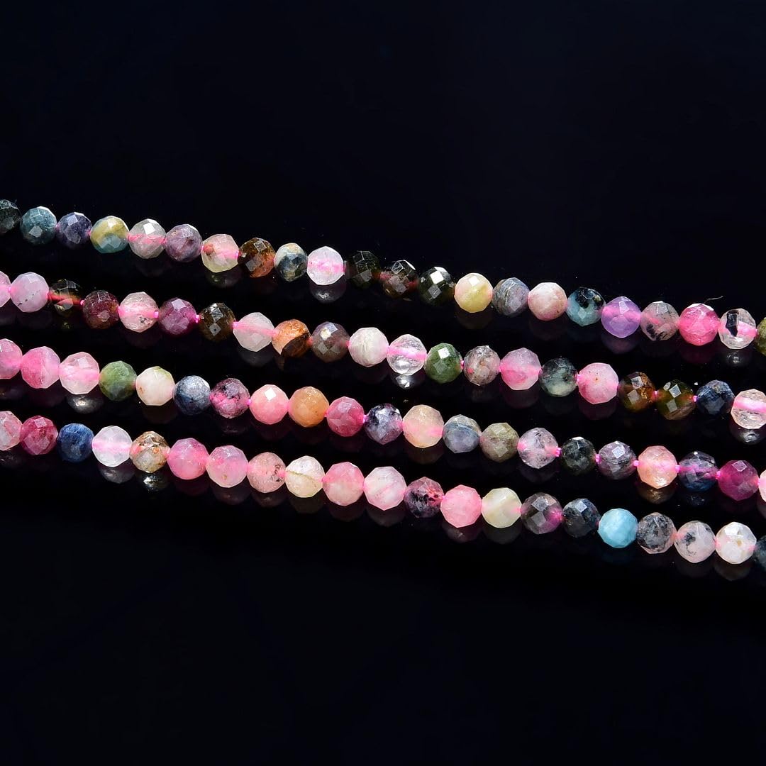 Adabele 15 Inch Natural Multi-Color Tourmaline Healing Gemstone 3mm (0.12 Inch) Tiny Small Faceted Round Loose Beads Stone Spacer (110-120pcs) for Craft Jewelry Making GK3-2