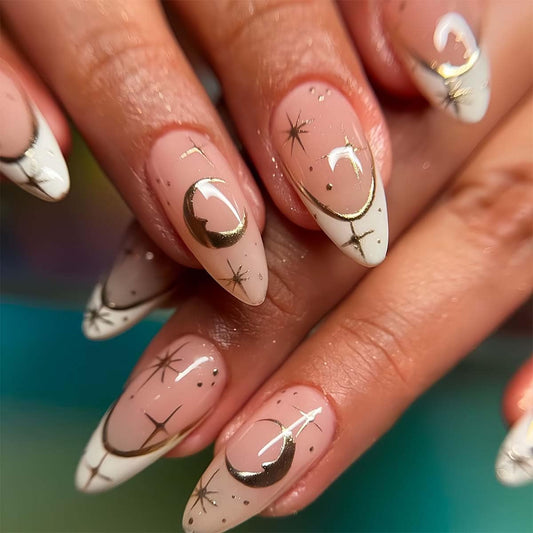 Almond Press On Nails Medium Fake Nails Star With Moon Design French Tip False Nails Full Cover Acrylic Artificial Nail Glossy Glue On Nail Nude Stick On Nails For Women Manicure 24pcs