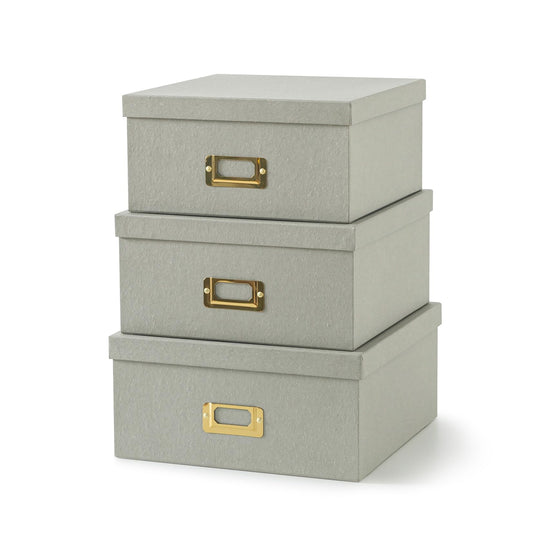 Soul & Lane Gray Kraft Paper Boxes for Storage, Set of 3 Square Stacking Boxes with Lids and Gold Label Holders, Decorative Cardboard Photo Storage for Decor and Organizing
