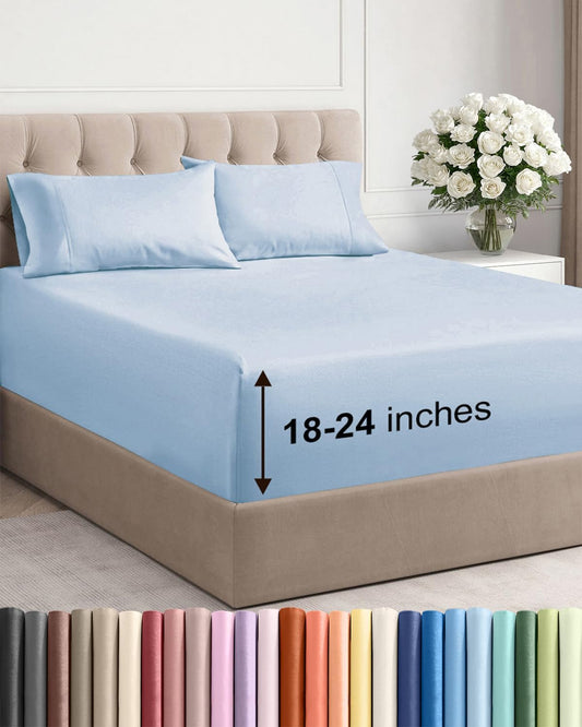 Skiennix Extra Deep Twin Sheet Set | 4-Piece Breathable Cooling Bedding - Soft & Wrinkle-Free - Sky Blue