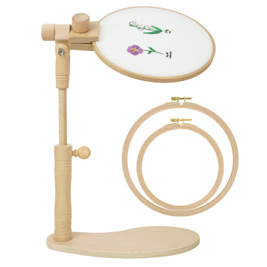 Airo Beech Wood Embroidery Hoop Stand, with 2 Pcs 6'' 8'' Embroidery Hoops, Rotatable, Tool-Free Installation, for Cross Stitch , Embroidery, Sewing Needlework