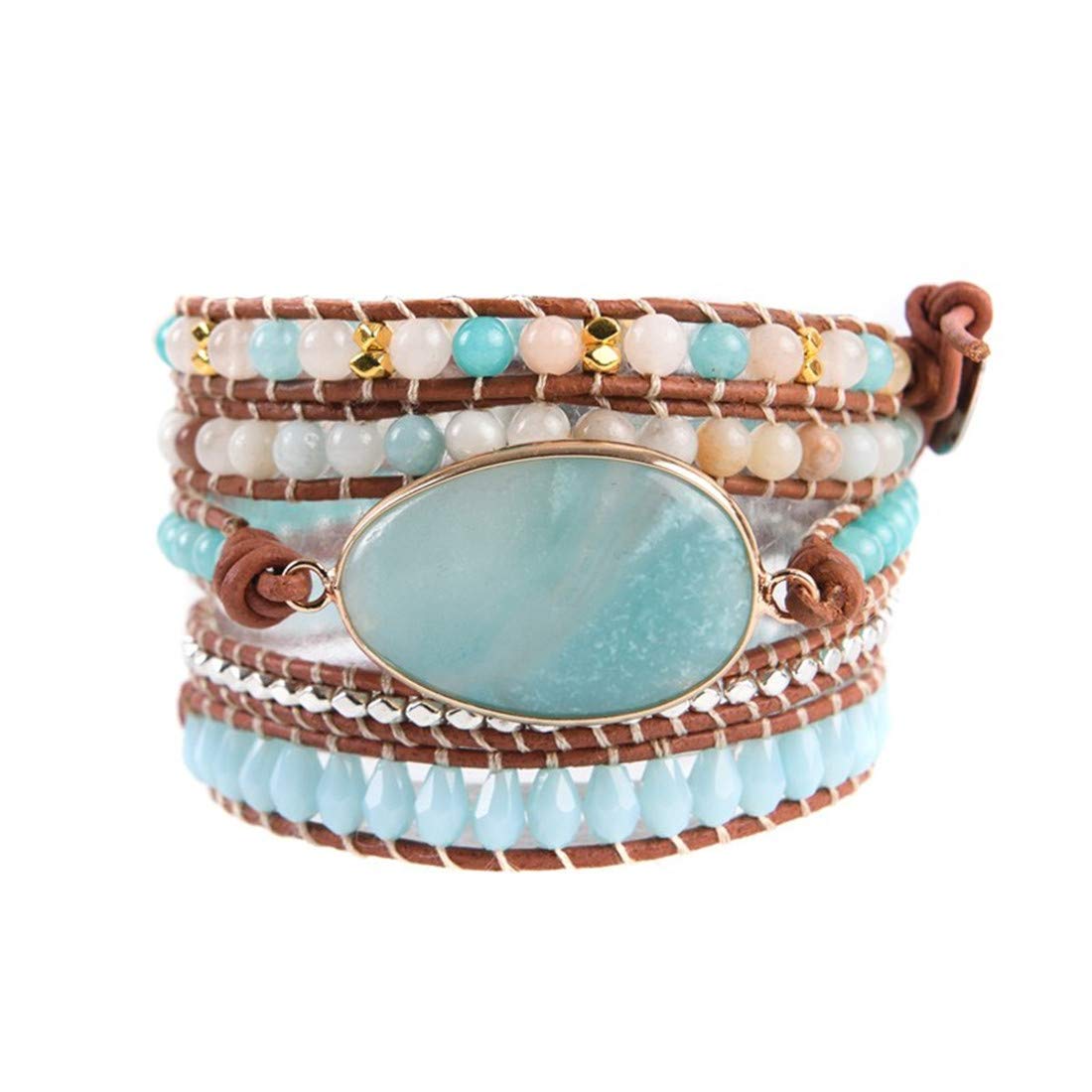 YGLINE Handmade Bohemian Natural Stones Bracelet - Leather Bracelet with Chakra and Beads Wrapped for Women