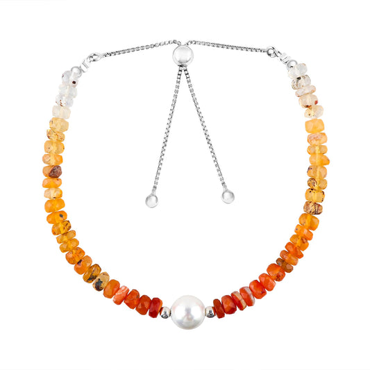 CRYSTALINES Natural Fire Opal Gemstones Beads Bolo Bracelets with Pearl, Handmade, Beaded Crystals Jewelry, Women Bracelet, Real Mexican Opal Stones, Silver Plated, Adjustable Slider Chain-10inch