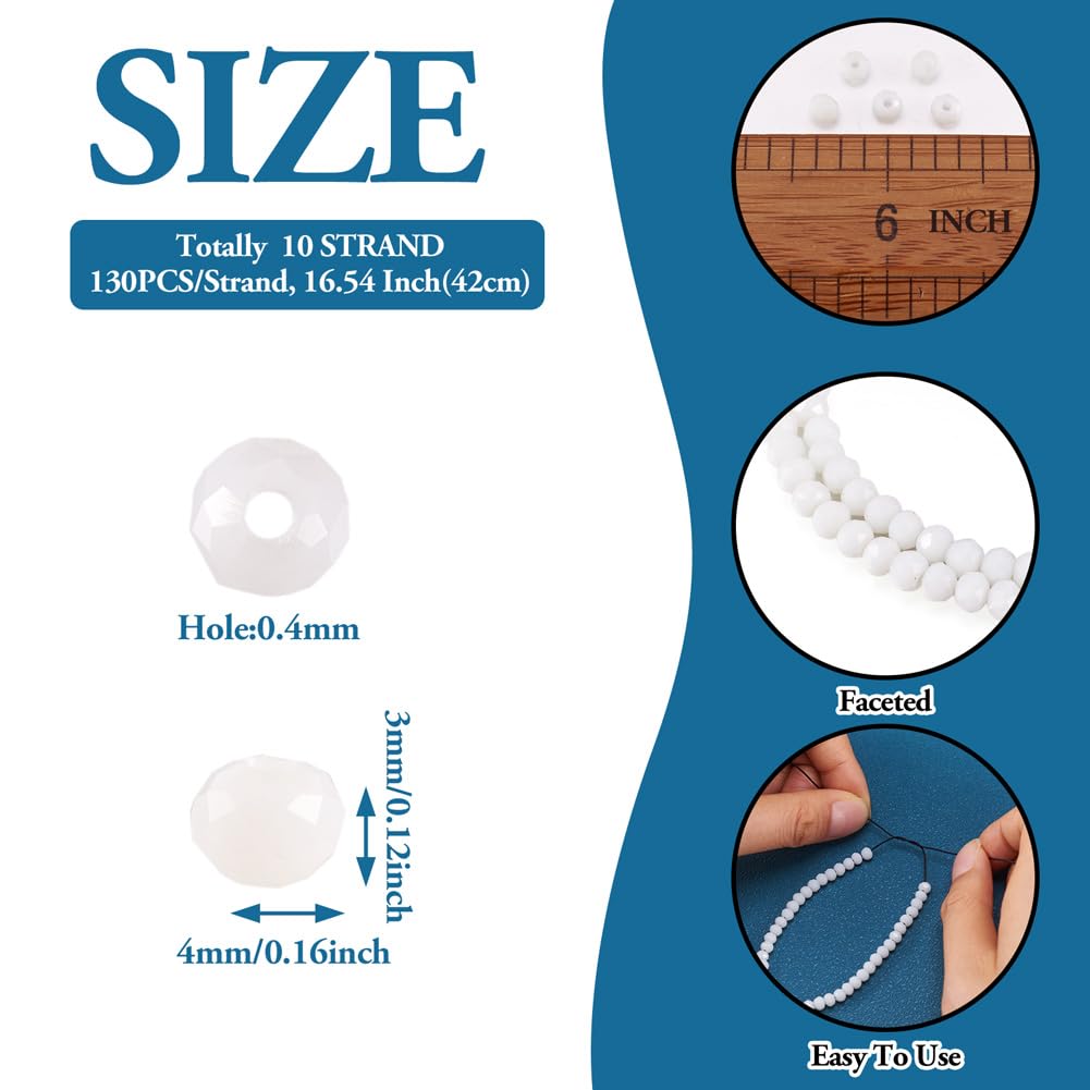 Elecrelive 1100Pcs 4mm White Glass Beads Rondelle Faceted Crystal Glass Beads Tiny Loose Crystals 10 Strands for Bracelets Necklace Earring Jewelry Making