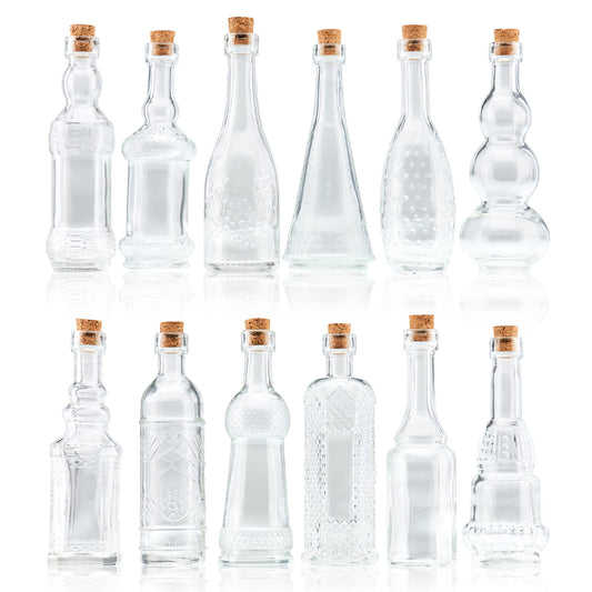 BULK PARADISE Small Mini Clear Vintage Glass Bottles with Corks, Mini Vases, Decorative, Potion, Assorted Design Set of 12 pcs, 4.6 Inch Tall (11.43cm), 1.4 Inch Wide (3.56cm)