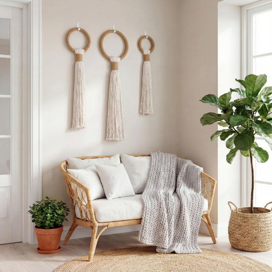 Tegeme 3-piece Macrame Wall Hanging Large Boho Wall Decor Set Extra Large Beige Boho Spherical Knot Tapestry with Long Fringe Handmade Cotton Yarn Art for Living Room Bedroom Nursery Dinning Room