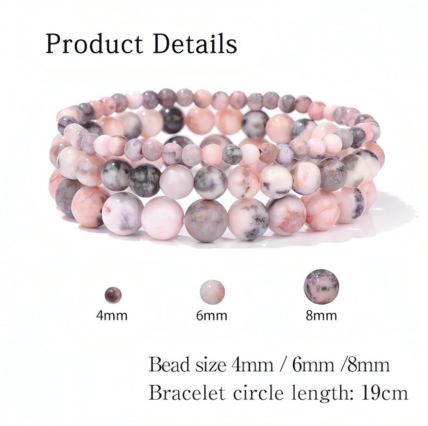 CINSKYING 3Pcs Healing Crystal Pink Zebra Jasper Bracelets for Women Men 8mm 6mm 4mm Natural Stone Beaded Stretch Bracelet Jewelry Gifts for Women Girl Teen for Mom Daugter (T5-Pink Zebra Jasper)