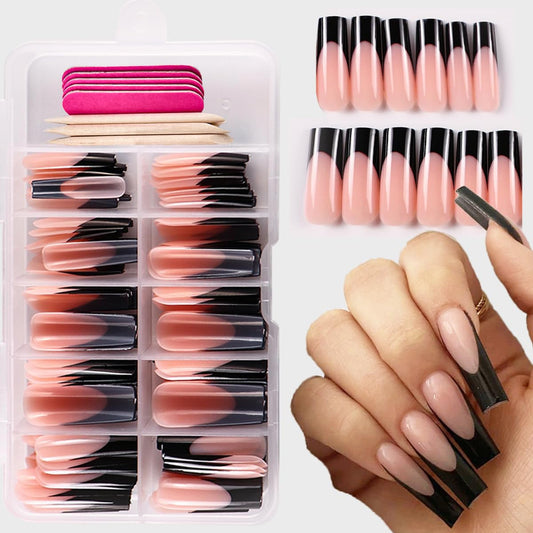120 Pcs French Tip Press on Nails Long Square Fake Nails Black French Nail Press ons Full Cover Nude False Nails Artificial Acrylic Glue on Nails for Women Girls Finger Nail Manicure Kit