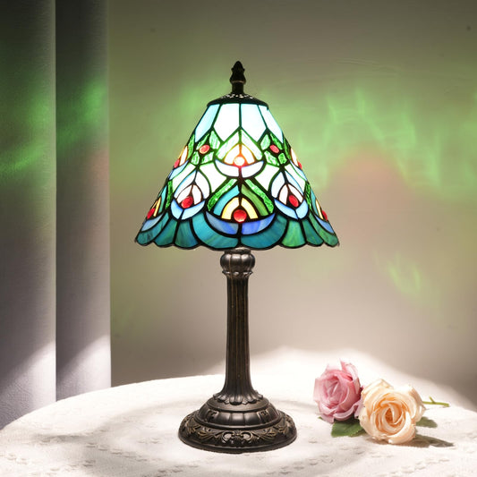 Green Peacock Decor Small Tiffany Style Table Lamp Antique Stained Glass Lamps Vintage Bedroom Bedside Reading Light Living Room Hotel Bar Kitchen Home Red Glass Bead Cute Accent Night Light 8 Inch