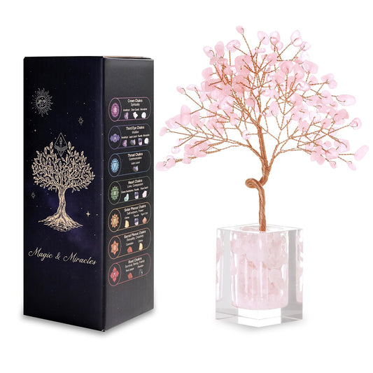 MAGIC AND MIRACLES Rose Quartz Crystal Tree of Life Office Desk Decor for Women Home Living Room Decorations, Handmade Bonsai Tree for Emotional Support Harmony Natural Healing
