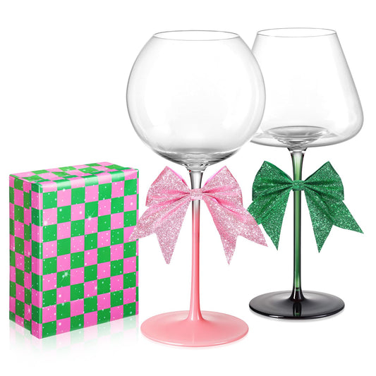 Honeydak 5 Pcs 18 oz Witch Pink Green Crystal Wine Glass Set Includes 2 Theme Wine Glass 2 Glitter Bows and 1 Designed Wrapping Paper for BFF Couples Witch Lover Musical Play & Movie Lovers Gift