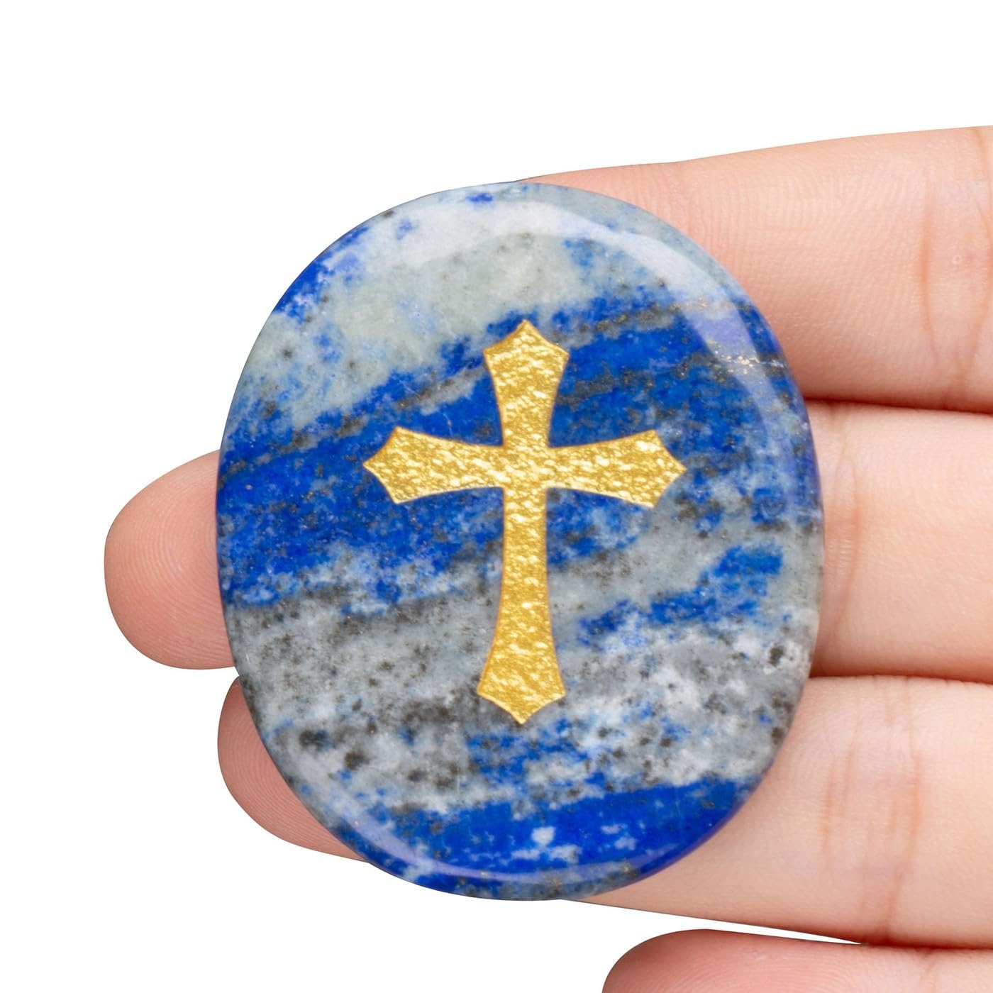 LAIDANLA Lapis Lazuli Cross Engraved Healing Crystal Worry Stones for Pray Faith Anxiety Relief Oval Palm Stone Polished Natural Crystal Gifts