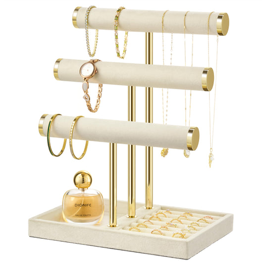 3 Tier Bracelet Holder Display - Detachable T Bar Beige Velvet Bracelet Holder, Jewelry Holder Organizer for Bracelet, Necklace, Earrings, Rings