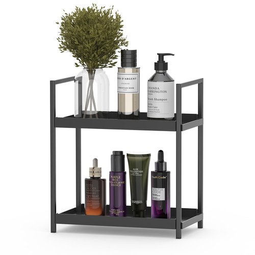 Bathroom Organizer Countertop, 2 Tier Counter Storage Shelf for Makeup Perfume Skincare Cosmetic Beauty Product, Small Vanity Countertop Tray Stand Rack Holder for Mens Bathroom Sink Dresser, Black