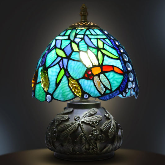 Ppbmocw Small Tiffany Table Lamp,Stained Glass Lamp,8 Inch Mushroom Style Mini Vintage Desk Lights for Bedside, Bedroom,Nightstand,Living Room,3 Color Temperature (Wheat Ear Dragonfly)
