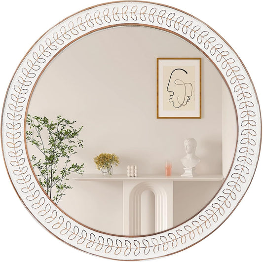 fuxuiwy 24 inch Round Rustic Wooden Mirrors, Distressed Circle Mirror for Bathroom, Bedroom, Living Room, Entryway, Fireplace, Hall