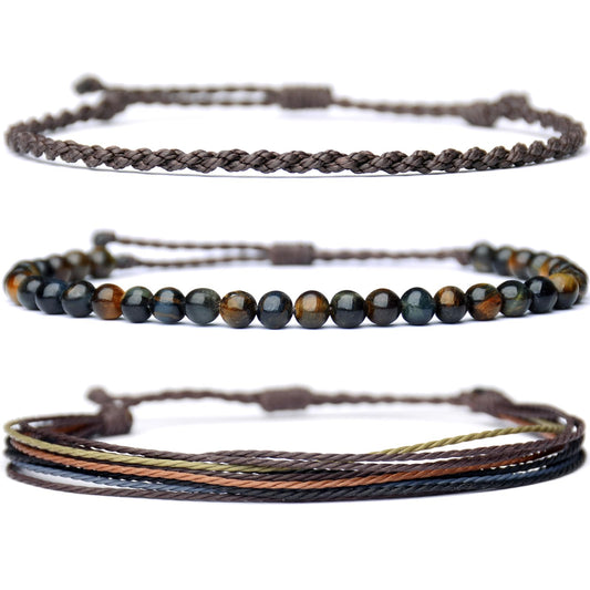 Mezcla Vida Handmade Natural Stone Beaded Healing Bracelet Gift for Men Adjustable Rope String Bracelet (Tiger Eye（Dark）, Adjustable)