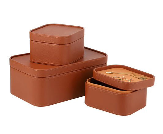 HofferRuffer Faux Leather Decorative Storage Boxes, Dust proof Storage Shelf Baskets with Lids Trays, Storage Bins Memory Box Organizer for Home, Office, Jewelry & More, Set of 3 (Brown)