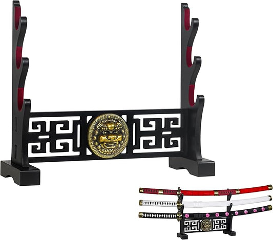 Logest Sword Stand - 4 Tier Options Available - Crafted Using Wood Katana Holder - Furnished in Black With a Gold Lion?™s Head - Desirable Sword Display Gift Option - Sword Holder Katana Stand (3-Tier)