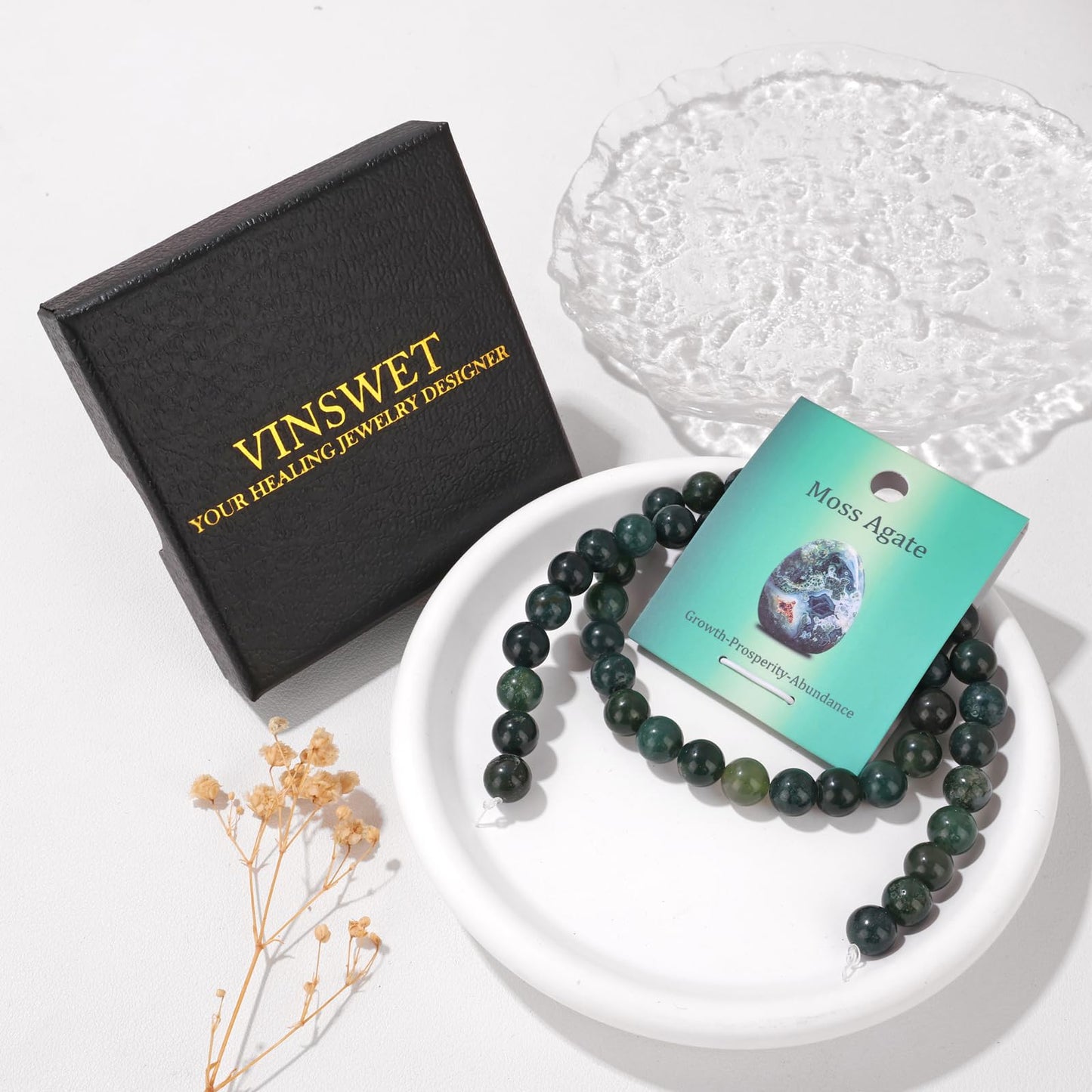 Vinswet 45pcs 8mm Moss Agate Natural Stone Beads Round Genuine Real Stone Beading Loose Gemstones DIY Smooth Bead for Bracelet Necklace Earrings Jewelry Making