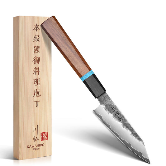 KAWAHIRO Paring Knife, 3.9" Hand Forged Fruit Knife with Japanese VG10 Steel Core for Precision Peeling, Coring & Detail Work, Professional Small Kitchen Knife with Octagonal Handle, Wooden Gift Box