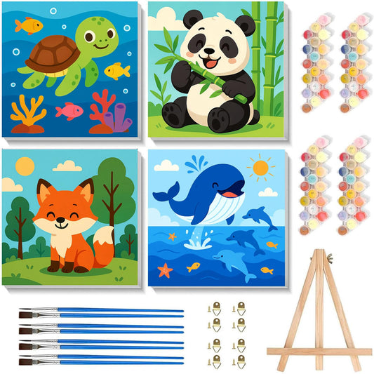 Arttoplus 4 Pack Paint by Numbers Kit for Kids with Frame,Cute Animals Kids Paint by Numbers Ages 4-6-8 with Wooden Easel,Easy DIY Acrylic Oil Painting by Number for Gift Home Wall Decor(8x8 inch)