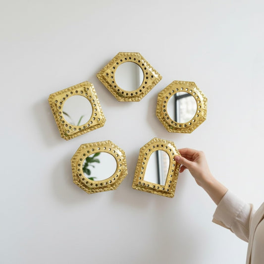Set of 5 Small Decorative Wall Mirrors – Gold Brass Handmade Mirror Set | Octagon, Arched, Horizontal Oval, Square and Diamond Shapes | Living Room, Bedroom, Home wall Hanging Mirrors Decor