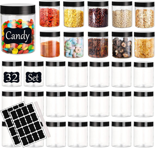 Hajoyful Plastic Jars with Lids Empty Slime Cosmetics Containers Clear Gift Food Jars Round PET Cream Jar with Black Lids Pen Labels for Kitchen Storage Spices Dry Food Body Butter Making(8OZ 32PCS)