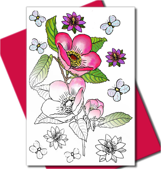 Art Eclect Coloring Cards for Adults with Envelopes - Floral Greeting Cards to Color Yourself - Blank Inside for Your Birthday, Anniversary, Thank You or Sympathy Message, 10 Designs (Flowers B/Pink)